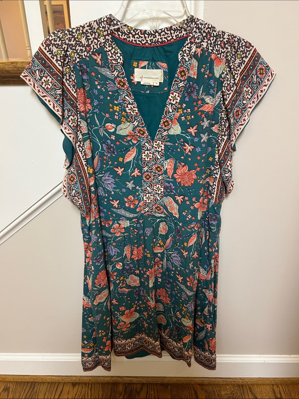 Anthropologie XS Zenia Green Floral V-Neck Dress - Picture 4 of 15